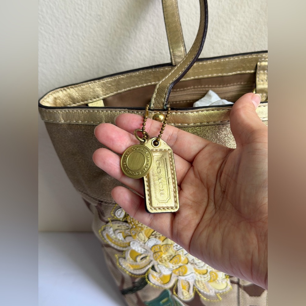 Coach 12204 Signature Stripe Floral Monogram Tote Purse in Khaki-Brown Jacquard - Picture 2 of 12